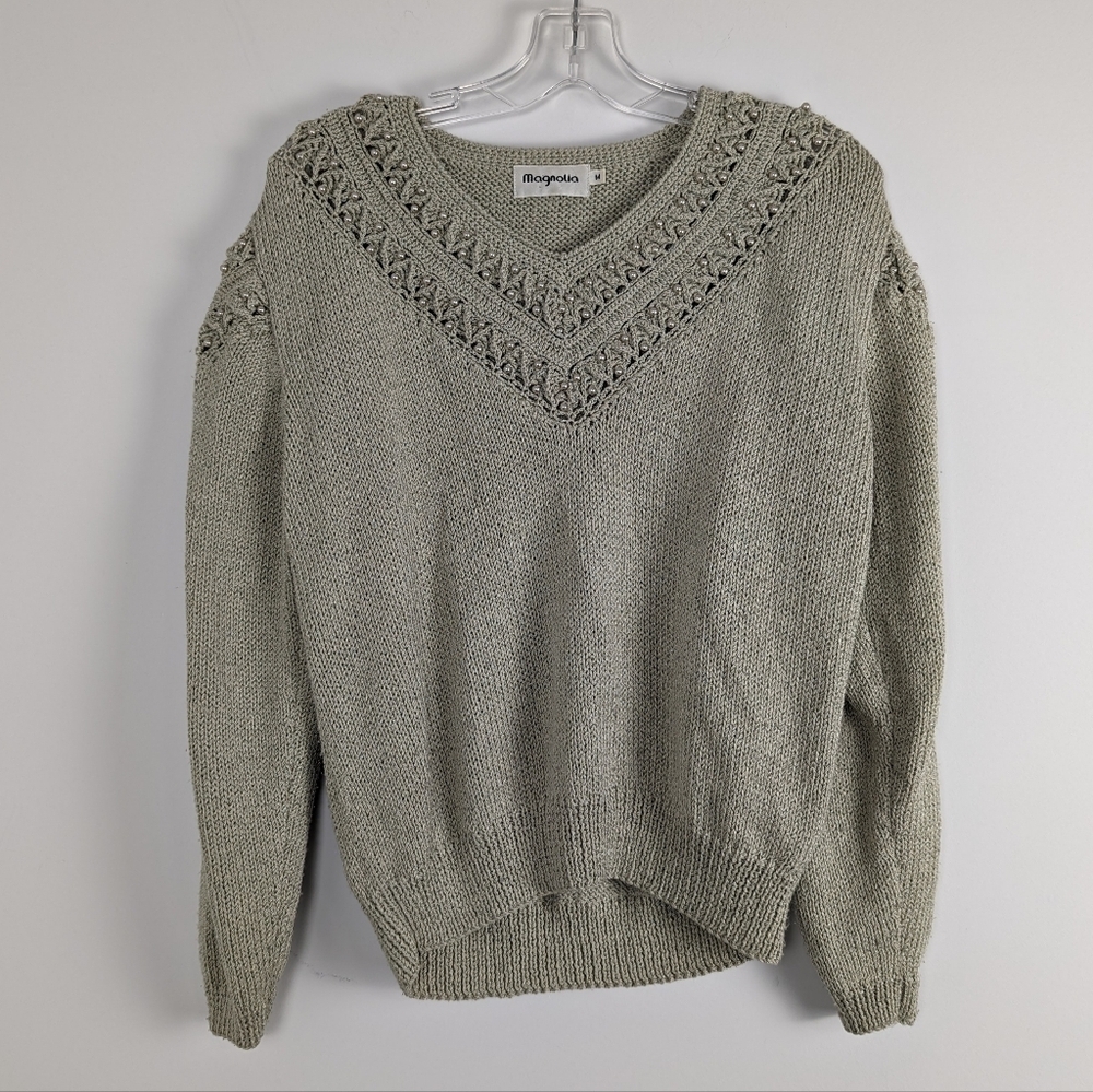 Magnolia Cozy Knit Sweater with Pearl Detail, Sage Green, Size Medium
